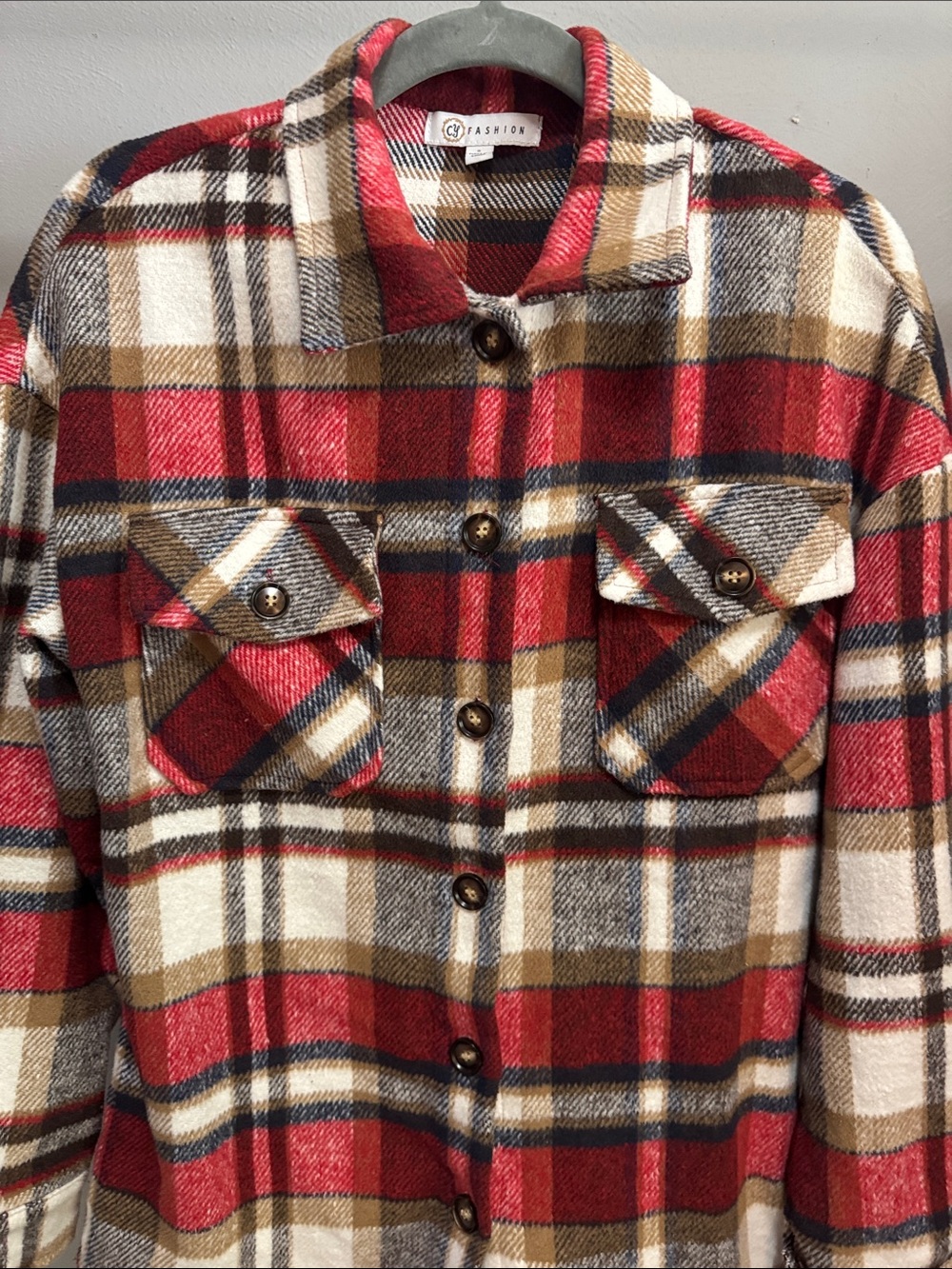 Plaid Button-Up Shacket in Red, Cream & Tan - Picture 2 of 7